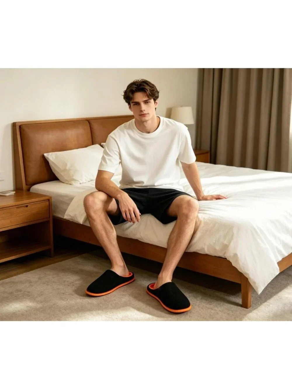 Men's Black Orange Cushion Foam Shake Fleece Faux Fur Lining House Slipper Shoes